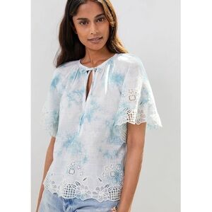 ANTHROPOLOGIE Olivia Embroidered Tie-Dye Blouse Top New NWT Size XS blue white